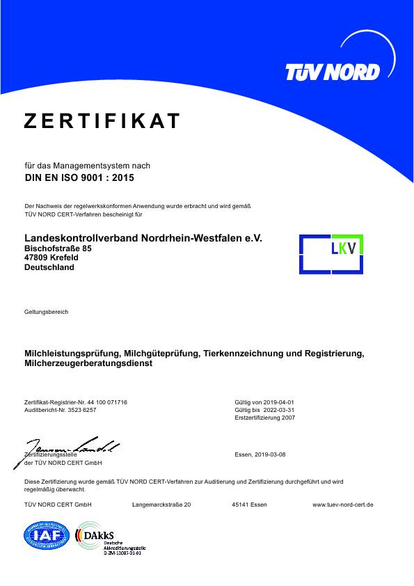 Zertifikat für das Managementsystem nach DIN EN ISO 9001: 2015